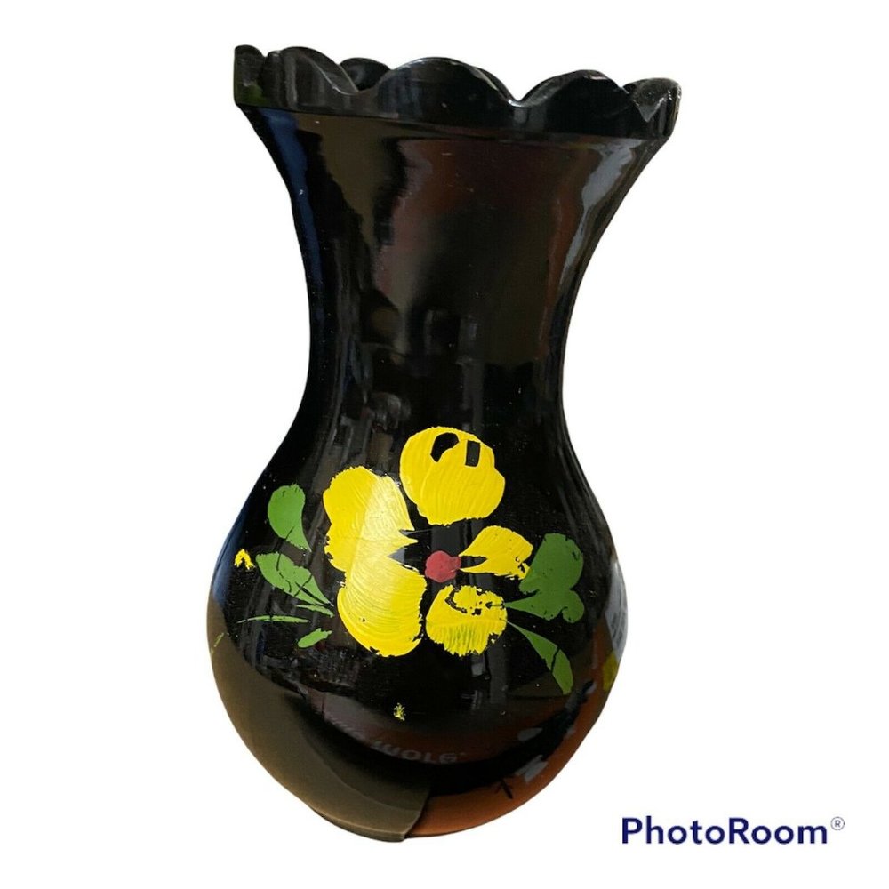 Black Amethyst Depression Glass~Scalloped Mouth Vase Yellow Handpainted Flower
